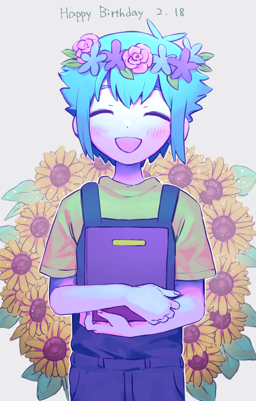 1boy basil_(headspace)_(omori) basil_(omori) blue_overalls blush book closed_eyes dated flower green_hair happy_birthday head_wreath highres holding holding_book male_focus miranosub omori open_mouth overall_shorts overalls shirt short_hair short_sleeves smile solo sunflower t-shirt upper_body yellow_shirt