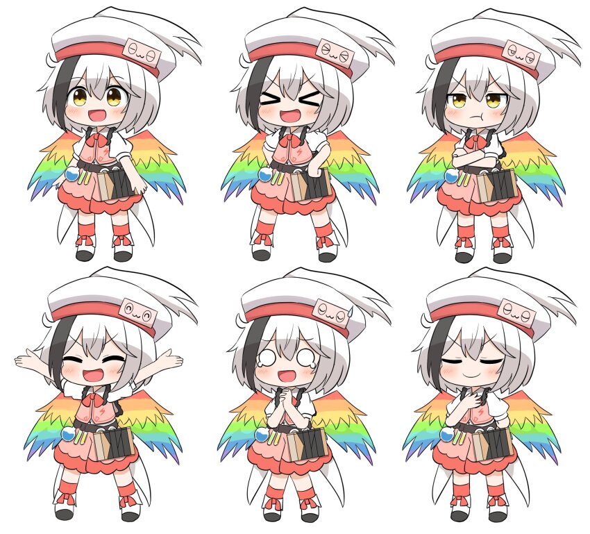 1girl belt black_hair book collared_dress coruthi dress feathered_wings hat highres hollow_song_of_birds long_hair multicolored_hair neck_ribbon rainbow_wings ribbon solo torisumi_horou touhou two-tone_hair very_long_hair white_hair wings yellow_eyes