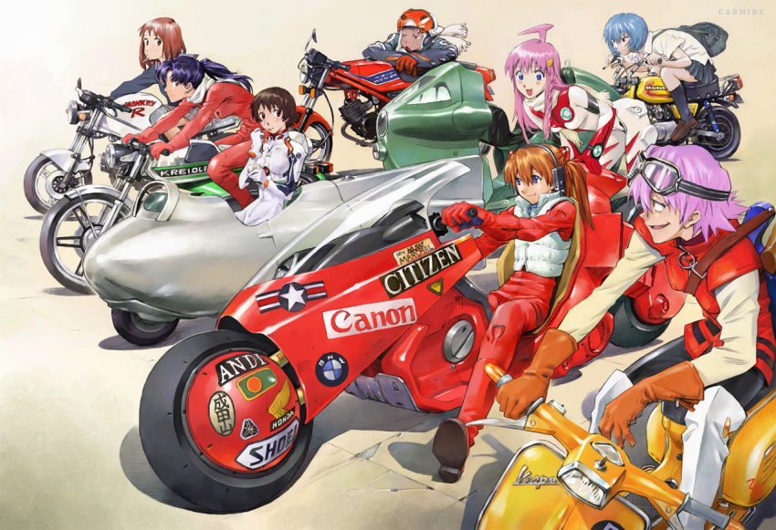 1980s_(style) 1990s_(style) 6+girls akira_(manga) ayanami_rei ayanami_rei_(cosplay) black_legwear bmw bodysuit brown_gloves brown_hair canon_(company) citizen_(company) cleaned company_connection cosplay creator_connection crossover flcl food gainax gloves goggles goggles_on_head gradient_background haruhara_haruko helmet honda interface_headset_(evangelion) kaneda_shoutarou&#039;s_bike katsuragi_misato konno_makoto lal&#039;c_mellk_mal loafers looking_at_another mecha_pilot_suit motor_vehicle motorcycle multiple_crossover multiple_girls neon_genesis_evangelion nono_(top_wo_nerae_2!) official_art oldschool on_motorcycle photoshop_(medium) pink_hair plugsuit_(evangelion) pudding purple_hair red_gloves retro_artstyle sadamoto_yoshiyuki samejima_mamimi school_uniform scooter shoei shoes simple_background smile socks souryuu_asuka_langley toki_wo_kakeru_shoujo top_wo_nerae!_(series) top_wo_nerae_2! vehicle vehicle_request vespa white_bodysuit