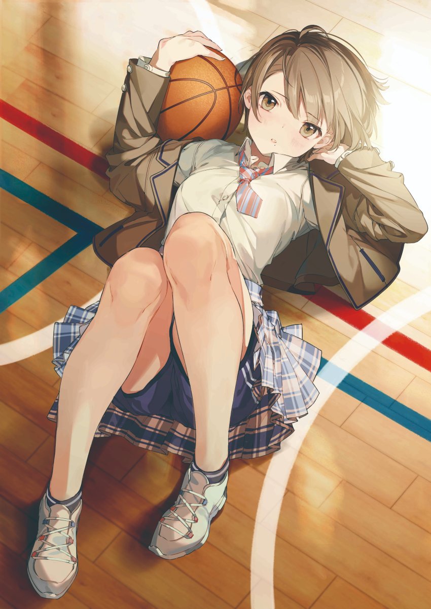 1girl absurdres almic ankle_socks ball basketball basketball_(object) basketball_court beige_jacket blush breasts brown_eyes brown_hair brown_jacket collared_shirt commentary_request cover_image floor from_above full_body gym gym_shorts highres holding holding_ball indoors jacket jinguuji_rumi knees_up koi_wa_futago_de_warikirenai light_brown_hair long_sleeves looking_at_viewer lying mole mole_under_mouth necktie novel_illustration official_art on_back on_floor open_clothes open_jacket parted_lips plaid_clothes plaid_skirt pleated_skirt school_uniform shirt shirt_tucked_in shoes short_hair shorts shorts_under_skirt skirt sneakers socks striped_necktie swept_bangs textless_version upskirt white_footwear white_shirt wooden_floor