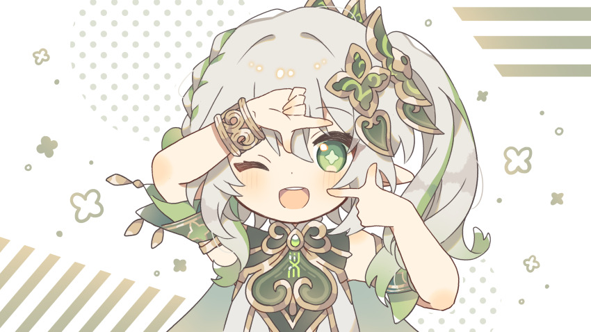 :d absurdres cape cross-shaped_pupils dress finger_frame genshin_impact gradient_hair green_cape green_eyes green_hair green_sleeves hair_ornament highres komano_shia leaf_hair_ornament multicolored_hair nahida_(genshin_impact) open_mouth pointy_ears polka_dot polka_dot_background side_ponytail smile stirrup_footwear striped_background symbol-shaped_pupils upper_body white_dress white_hair