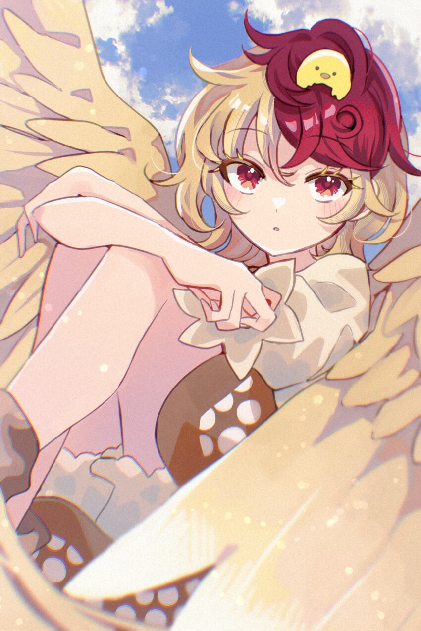 1girl animal animal_on_head bird bird_on_head blonde_hair brown_footwear feathered_wings highres katsuragi_atori looking_at_viewer niwatari_kutaka on_head puffy_short_sleeves puffy_sleeves red_eyes short_hair short_sleeves solo touhou wings