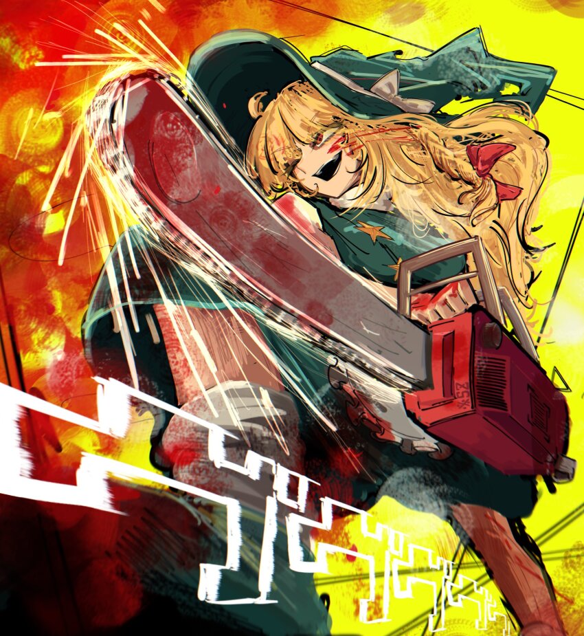 1girl apron black_footwear black_hat black_skirt black_vest blonde_hair blood bloody_weapon bow braid chainsaw cookie_(touhou) foot_out_of_frame hair_bow hat hat_bow highres holding holding_chainsaw kirisame_marisa long_hair looking_afar odoro_(nicoseiga81184094) one_eye_closed open_mouth orange_background red_bow red_eyes shirt single_braid skirt skirt_set smile socks solo suzu_(cookie) touhou turtleneck turtleneck_shirt unusually_open_eyes vest waist_apron weapon white_apron white_bow white_shirt white_socks witch_hat yellow_background