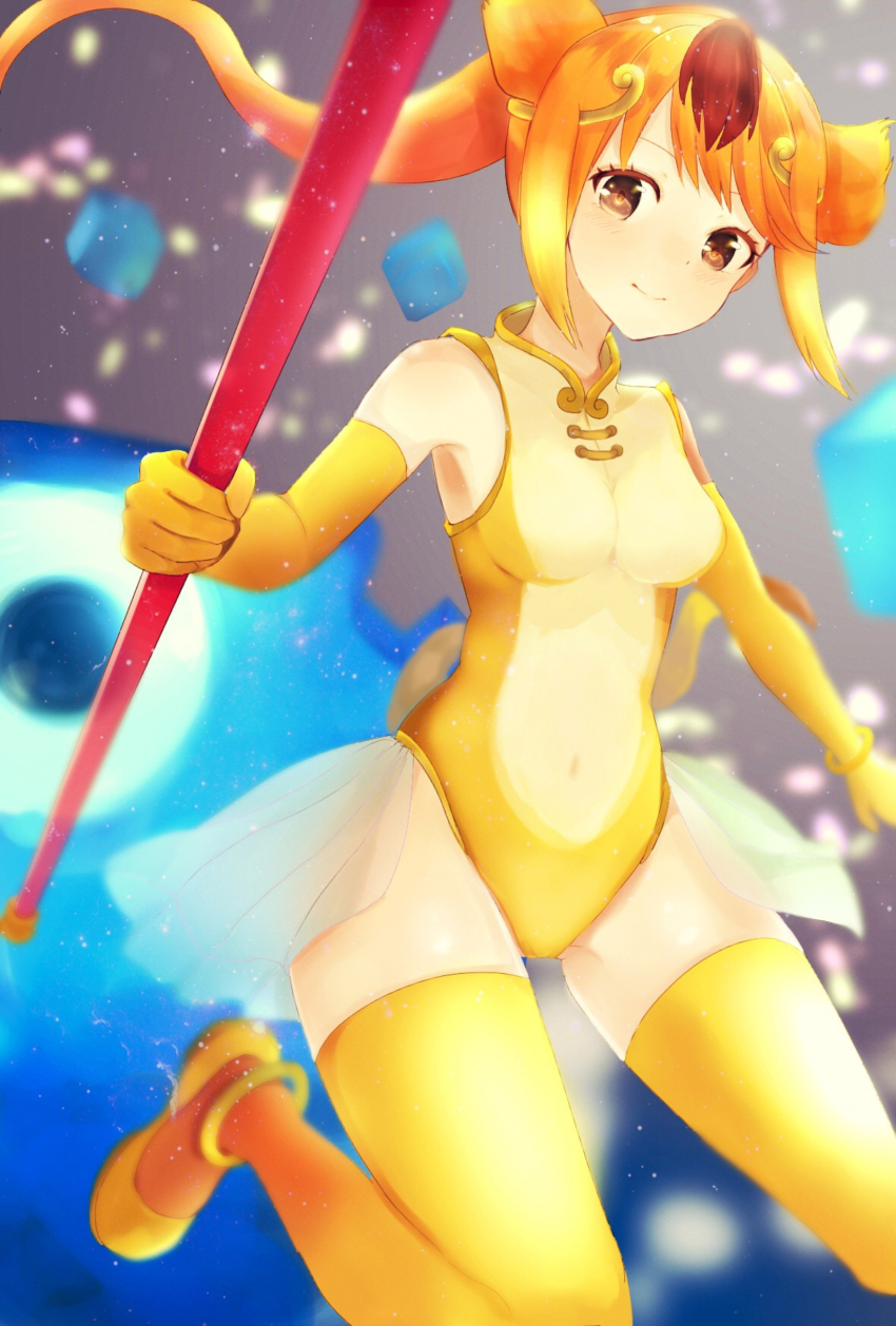 1girl absurdres breasts golden_snub-nosed_monkey_(kemono_friends) highres kemono_friends leotard multicolored_hair staff two-tone_hair yellow_legwear yellow_leotard