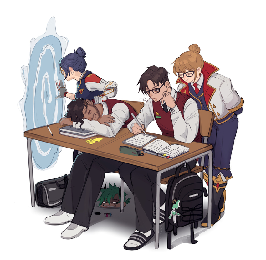 2boys 3girls alter_(apex_legends) alternate_universe animification apex_legends backpack bag black_footwear black_hair blue_necktie blue_pants blue_vest boots brown_eyes brown_hair collared_shirt commentary crypto_(apex_legends) dark-skinned_male dark_skin earrings facial_hair glasses goatee hack_(apex_legends) hair_behind_ear hair_bun holding holding_pen jacket jewelry light_frown long_sleeves looking_down mirage_(apex_legends) multiple_boys multiple_girls namjak necktie nessie_(respawn) official_alternate_costume pants pen pencil_case portrait professor_blasey_wraith professor_paquette_wattson red_vest sandals school_uniform shirt single_hair_bun sleeping smile sticky_note symbol-only_commentary teacher vest wattson_(apex_legends) white_footwear white_jacket white_shirt wraith_(apex_legends) writing
