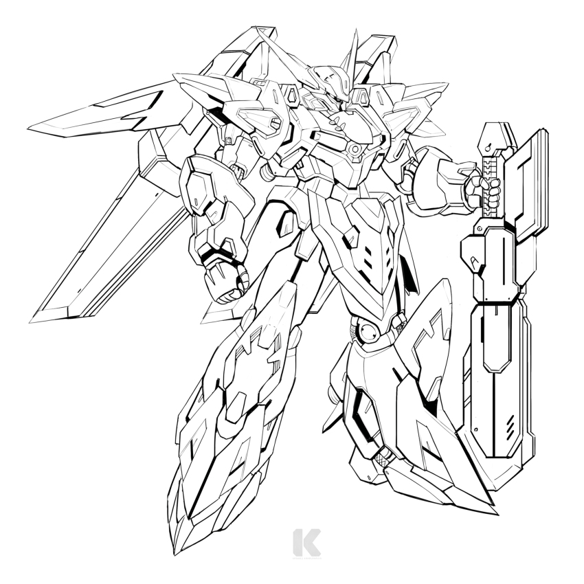 assault_visor clenched_hand commentary english_commentary full_body fusion gespenst highres holding holding_sword holding_weapon kadej lineart mecha mecha_focus medius_locus no_humans robot science_fiction simple_background solo super_robot_wars super_robot_wars_mx super_robot_wars_original_generation sword tachi-e the_2nd_super_robot_wars_og weapon white_background