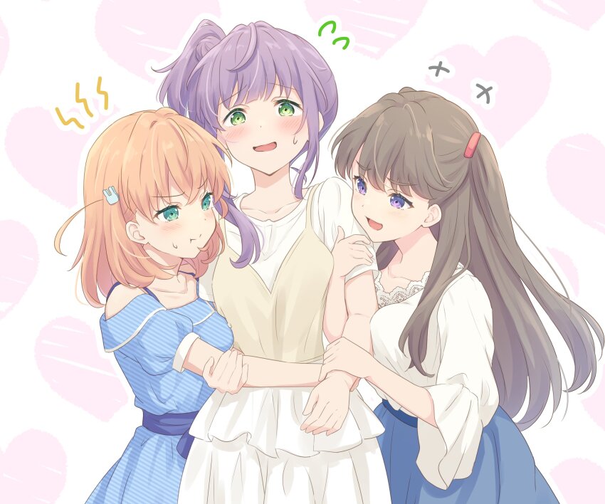 3girls aqua_eyes blue_dress blue_ribbon blue_skirt blush breast_press brown_hair commentary_request dress frilled_dress frills fujishima_megumi fujishima_megumi_(summer_casual) green_eyes hair_ornament hair_tie hanazora_satsuki hands_on_another&#039;s_arm heart heart_background high_side_ponytail highres hinoshita_kaho light_blush link!_like!_love_live! long_hair love_live! love_triangle medium_hair multiple_girls nervous_smile off_shoulder orange_hair otomune_kozue purple_eyes purple_hair rabbit_hair_ornament ribbon shirt short_hair sidelocks skirt smile twintails very_long_hair white_dress white_shirt yuri