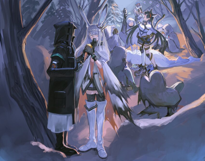 absurdres animal_ears arknights black_coat black_footwear black_gloves blaze_(arknights) blush boots bottle cat_ears cat_girl cat_tail coat competition crepe doctor_(arknights) drink drinking_contest drunk food frostnova_(arknights) fur-trimmed_hood fur_trim gloves hair_ornament hairband hand_on_own_hip hands_up highres holding holding_bottle holding_crepe holding_food hood hood_up infection_monitor_(arknights) long_hair medium_hair party rabbit_ears rabbit_girl red_hairband scar scar_on_face smile snow strap tail thighhighs white_footwear white_hair winter yomotobi