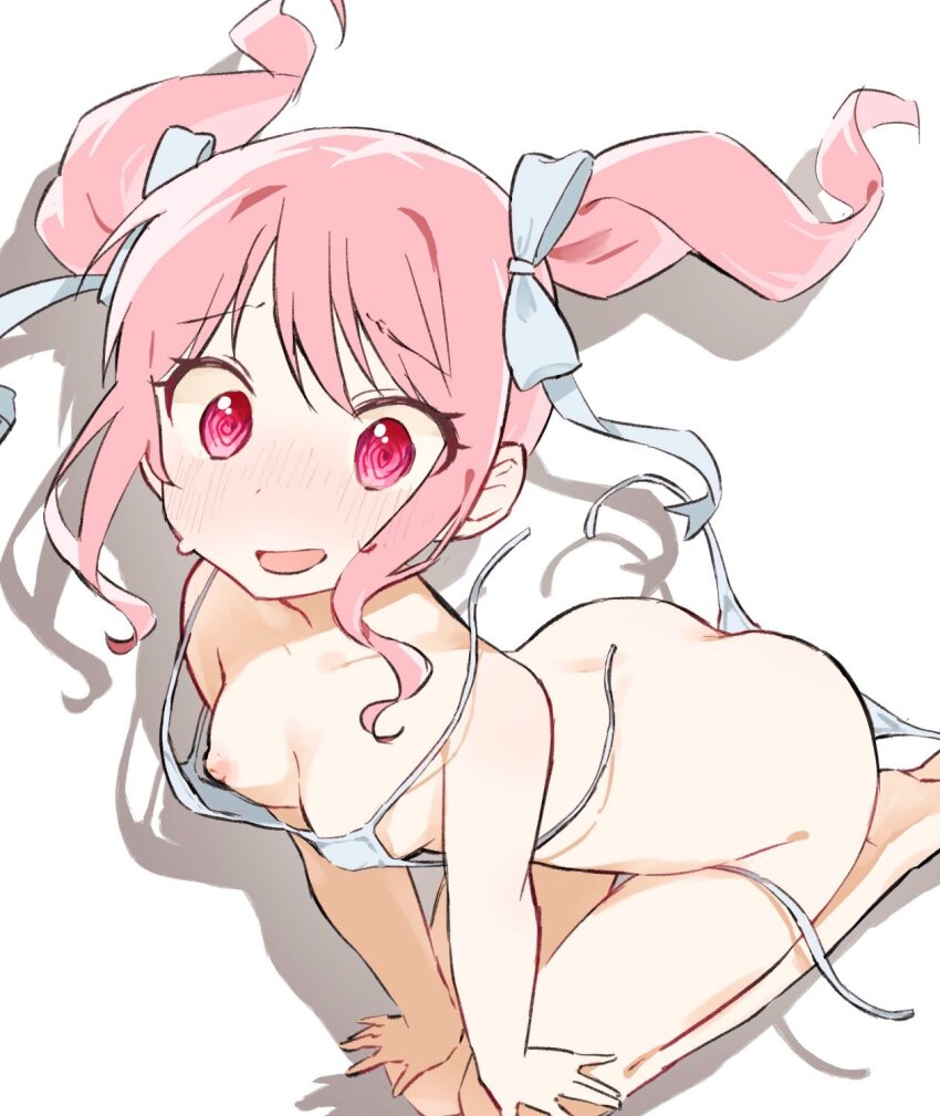 1girl ass bang_dream! bikini blush bow breasts butt_crack commentary hair_ribbon hands_on_own_knees highres kio_(bangskosko) long_hair looking_at_viewer maruyama_aya nipple_slip nipples open_mouth pink_eyes pink_hair ribbon seiza shadow side-tie_bikini_bottom sitting small_breasts solo swimsuit twintails untied_bikini untied_bikini_bottom untied_bikini_top wardrobe_malfunction white_background white_bikini white_ribbon