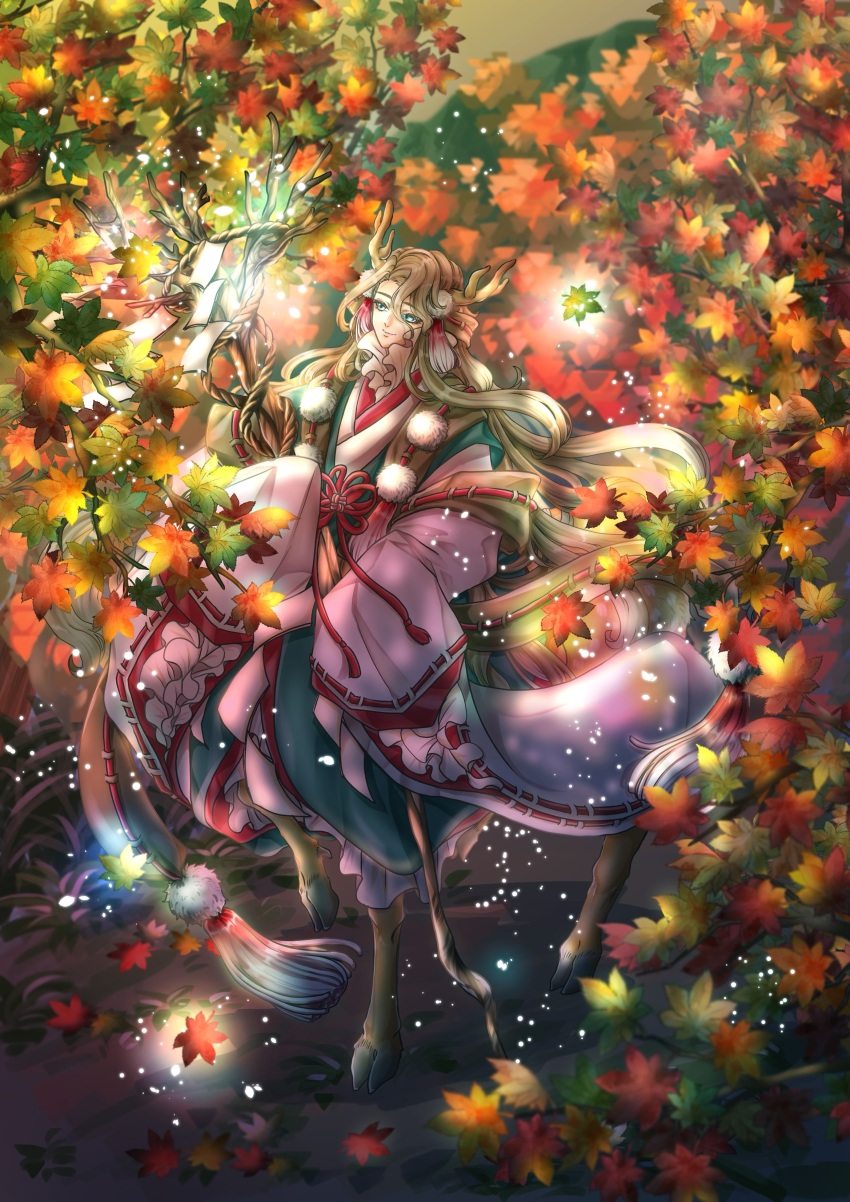 1girl absurdres antlers aqua_eyes autumn_leaves aya320luv brown_hair centauroid curtained_hair deer_antlers deer_girl fantasy flower_knot frilled_shirt_collar frilled_sleeves frills full_body grass green_kimono hair_between_eyes hair_ornament highres holding holding_staff horns japanese_clothes kataginu kimono leaf light_particles long_bangs long_hair looking_up maple_leaf maple_tree mountain nature original outdoors pom_pom_(clothes) pom_pom_hair_ornament ribbon-trimmed_sleeves ribbon_trim sleeves_past_fingers sleeves_past_wrists smile solo staff tassel tassel_hair_ornament taur tree very_long_hair wavy_hair white_kimono wide_sleeves wooden_staff