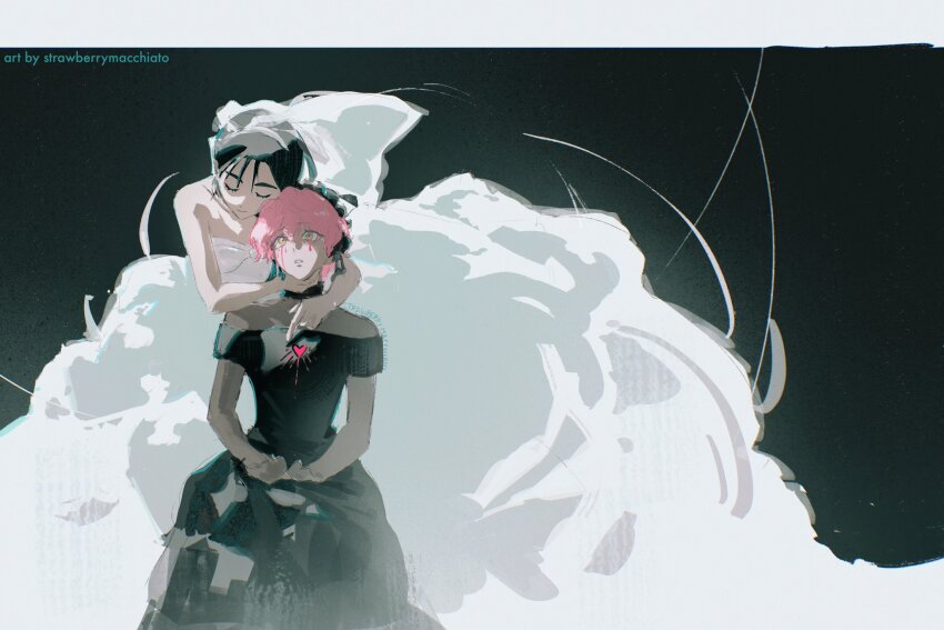 2girls alien_stage black_dress black_hair border closed_eyes crying crying_with_eyes_open dress hair_between_eyes highres hug hug_from_behind long_dress mizi_(alien_stage) multiple_girls off-shoulder_dress off_shoulder parted_lips pink_hair sberrymacchiato short_hair short_sleeves smile streaming_tears sua_(alien_stage) tears veil white_border white_dress white_veil yellow_eyes yuri