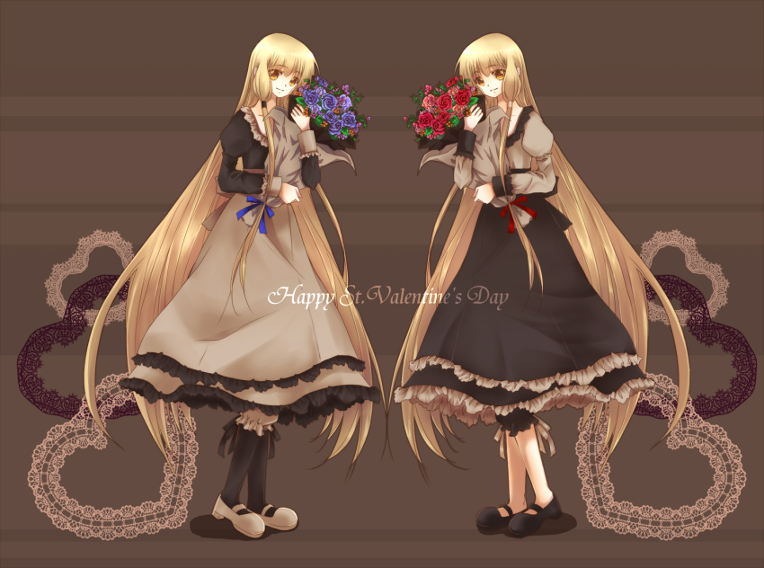 00s 2girls bad_id bad_pixiv_id bouquet flower hanashiro happy_valentine kobato. long_hair mihara_chiho mihara_chise multiple_girls polar_opposites rose siblings twins valentine very_long_hair