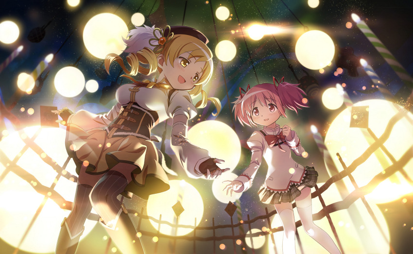 2girls artist_request back_ribbon beret black_boots black_corset black_gloves black_hat black_skirt blonde_hair boots bow bowtie candle collared_shirt corset detached_sleeves dot_nose drill_hair feet_out_of_frame fence fingerless_gloves floating_clothes floating_hair flower_hairpin from_below game_cg gem gem_hair_ornament gloves grey_thighhighs hair_ribbon happy hat hat_feather high_collar highres juliet_sleeves kaname_madoka knee_boots lace lace-trimmed_shirt lace-trimmed_sleeves lace_trim light_blush light_particles long_hair long_sleeves magical_girl mahou_shoujo_madoka_magica mahou_shoujo_madoka_magica_(anime) mahou_shoujo_madoka_magica_magia_exedra miniskirt mitakihara_school_uniform multiple_girls official_art open_mouth orange_gemstone outstretched_hand pink_eyes pink_hair plaid_clothes plaid_skirt pleated_skirt pocket puffy_long_sleeves puffy_short_sleeves puffy_sleeves red_bow red_bowtie red_ribbon ribbon school_uniform shirt short_hair short_sleeves short_twintails skirt smile socks space striped_clothes striped_thighhighs tareme thighhighs tomoe_mami tomoe_mami_(magical_girl) twin_drills twintails vertical-striped_clothes vertical-striped_thighhighs walking white_ribbon white_sleeve_cuffs white_sleeves white_socks white_thighhighs witch&#039;s_labyrinth yellow_bow yellow_bowtie yellow_eyes yellow_shirt yellow_skirt
