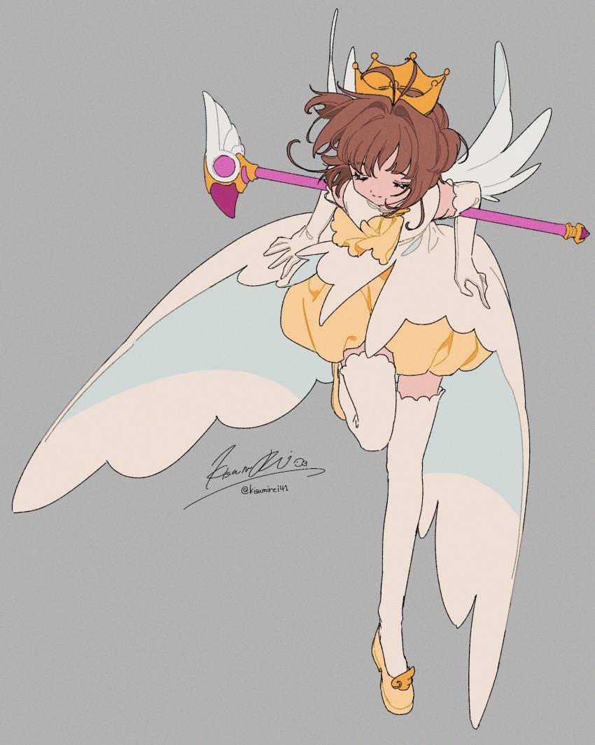 1girl antenna_hair artist_name brown_hair cardcaptor_sakura closed_eyes crown dress feathered_wings flat_color full_body fuuin_no_tsue high-low_dress high-low_skirt highres holding holding_wand kinomoto_sakura kinomoto_sakura_(miraculous_sakura) kisumi_rei leaning_forward magical_girl shoes short_hair signature skirt solo thighhighs wand white_skirt white_thighhighs white_wings wings yellow_dress yellow_shoes