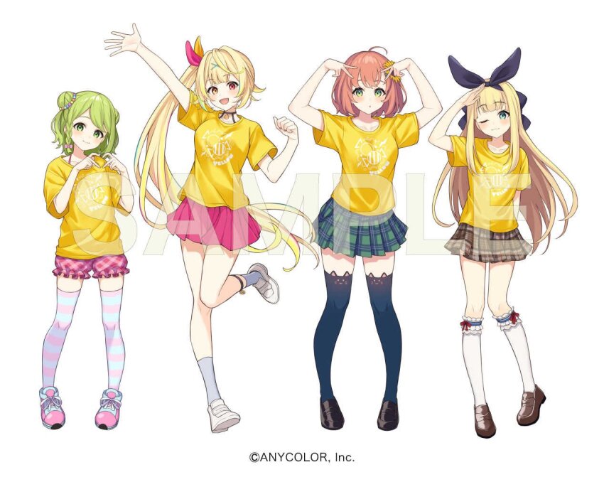 4girls black_bow bloomers blue_thighhighs bow brown_footwear brown_skirt double_bun double_v flower frilled_socks frills full_body green_eyes green_hair hair_bow hair_bun hair_ornament heart heart_hands heterochromia honma_himawari hoshikawa_sara loafers long_hair lq_saku mononobe_alice morinaka_kazaki multiple_girls nijisanji official_art one_eye_closed orange_hair pink_bloomers pink_skirt plaid_clothes plaid_skirt pleated_skirt red_eyes sample_watermark shirt shoes short_hair side_ponytail skirt socks standing standing_on_one_leg striped_clothes striped_thighhighs sunflower swept_bangs t-shirt thighhighs underwear v very_long_hair virtual_youtuber watermark white_socks x_hair_ornament yellow_eyes yellow_shirt
