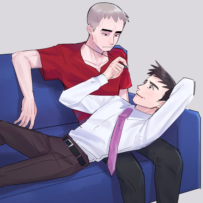 2boys absurdres belt black_pants brown_eyes brown_hair collared_shirt commentary_request couch grey_hair highres indoors jewelry looker_(pokemon) male_focus mature_male multiple_boys nanu_(pokemon) necklace necktie nintendo on_couch open_mouth pants papurikagakusyu pokemon pokemon_dppt pokemon_platinum pokemon_sm purple_necktie red_eyes red_shirt shirt short_hair smile thick_eyebrows white_shirt yaoi