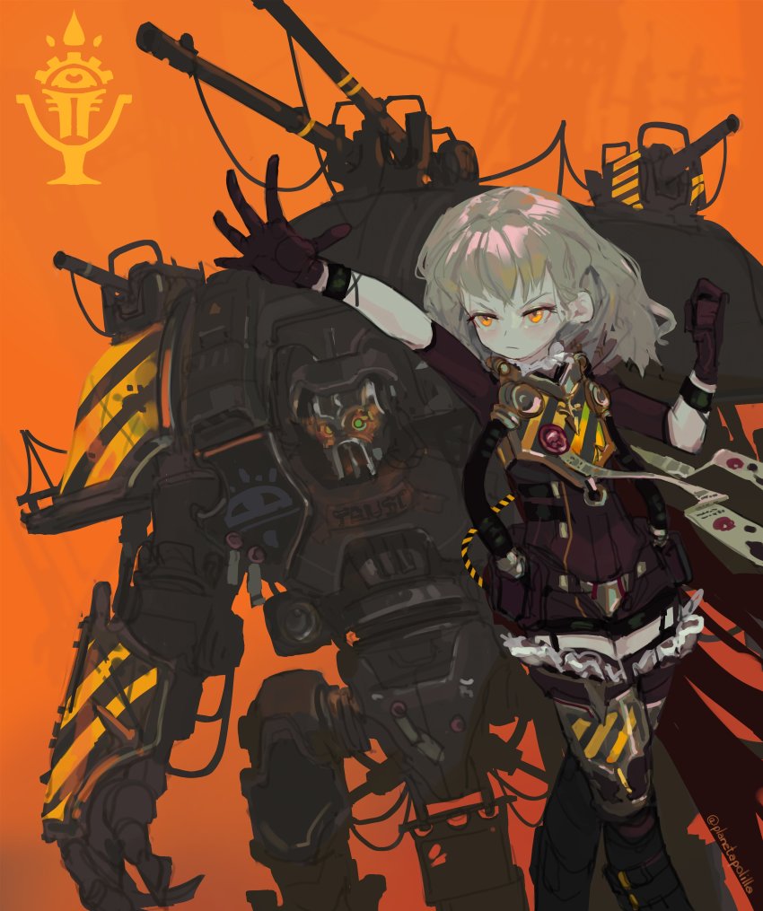 1girl absurdres bike_shorts brown_gloves child clenched_hand closed_mouth garter_straps gloves grey_hair hand_up hands_up highres imperial_knight mecha orange_background orange_eyes polilla robot solo standing thighhighs titan_(warhammer_40k) twitter_username warhammer_40k wax_seal wristband