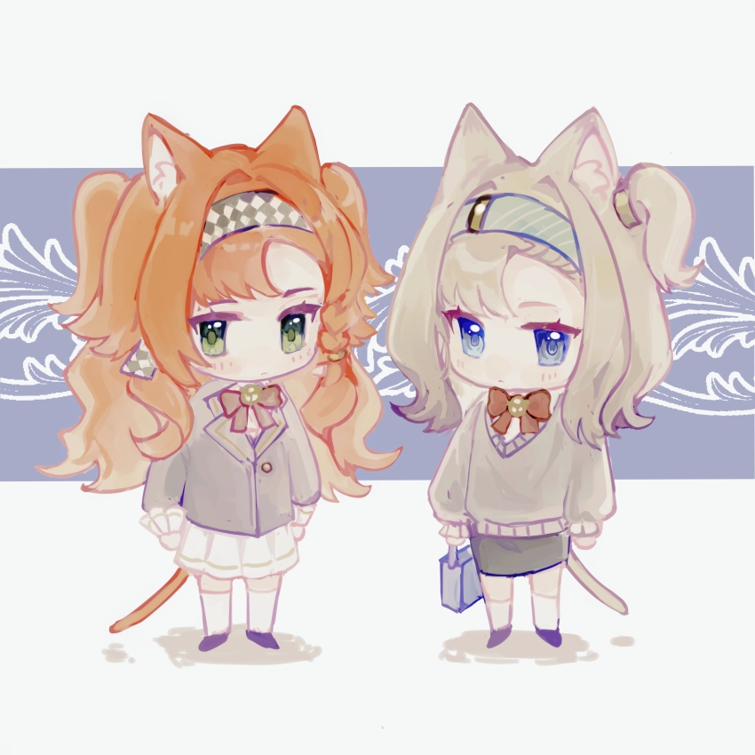 2girls absurdres bag black_footwear blue_background blue_eyes blue_hairband bow bowtie checkered_hairband chibi closed_mouth dot_mouth full_body green_eyes grey_bag grey_hair grey_jacket grey_skirt grey_sweater hairband highres holding holding_bag jacket kemonomimi_mode long_hair long_sleeves looking_at_viewer matilda_bouanich medium_hair multiple_girls one_side_up orange_hair red_bow red_bowtie reverse:1999 sangyu-feiwan school_uniform skirt socks sonetto_(reverse:1999) standing sweater tail two-tone_background two_side_up very_long_hair white_background white_skirt white_socks
