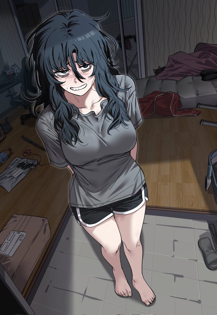1girl arms_behind_back bag bags_under_eyes balcony barefoot black_cat black_eyes black_hair black_shorts blush box breasts cardboard_box cat cat_teaser chair collarbone commentary computer_keyboard corrupted_twitter_file desk dolphin_shorts flipped_hair full_body furrowed_brow gaming_chair grey_shirt grin gye_baeksoon hair_between_eyes highres hikikomori jacket jimiko large_breasts litter_box long_hair looking_at_viewer mattress messy_hair mojyo mole mole_on_leg neet open_mouth original outer_glow plastic_bag plastic_bottle red_jacket sandals shirt short_sleeves shorts sliding_doors smile solo standing straight_hair sweat swivel_chair tile_floor tiles toenails toes trash trash_bag unemployed_gye_baeksoon unworn_jacket unworn_sandals wooden_floor zirarval