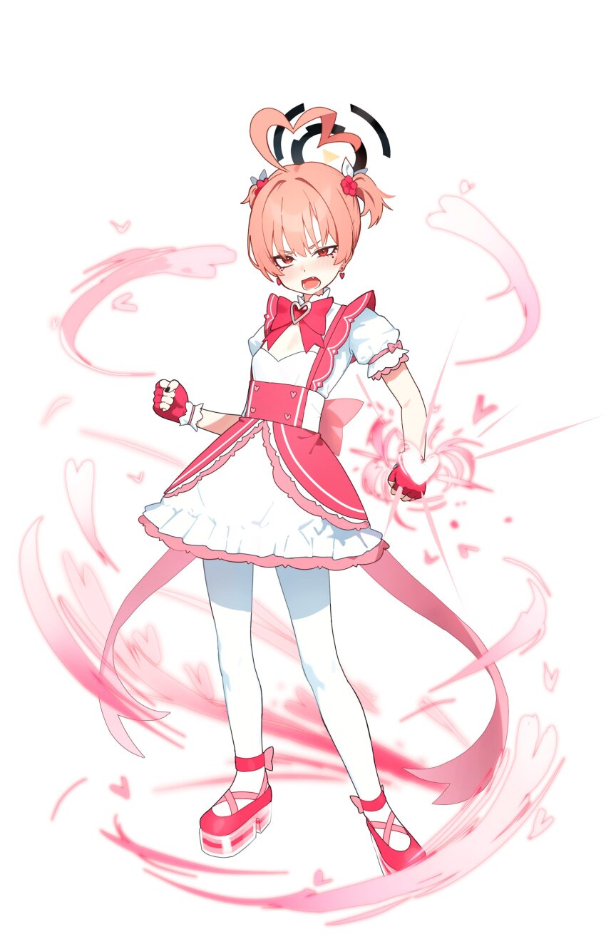 1girl absurdres ahoge alternate_costume anklet aura back_bow black_nails blue_archive bow bowtie breasts cleavage_cutout clothing_cutout dress fang fingerless_gloves flower frilled_dress frills gloves hair_flower hair_ornament hair_ribbon halo heart highres huge_ahoge jewelry magical_girl mole mole_under_each_eye mole_under_eye multiple_moles neru_(blue_archive) open_mouth orange_hair pantyhose pink_bow pink_dress pink_gloves pink_ribbon pink_shoes platform_heels pyytato red_eyes ribbon shoes short_hair short_twintails small_breasts solo standing twintails white_background white_dress white_pantyhose white_ribbon