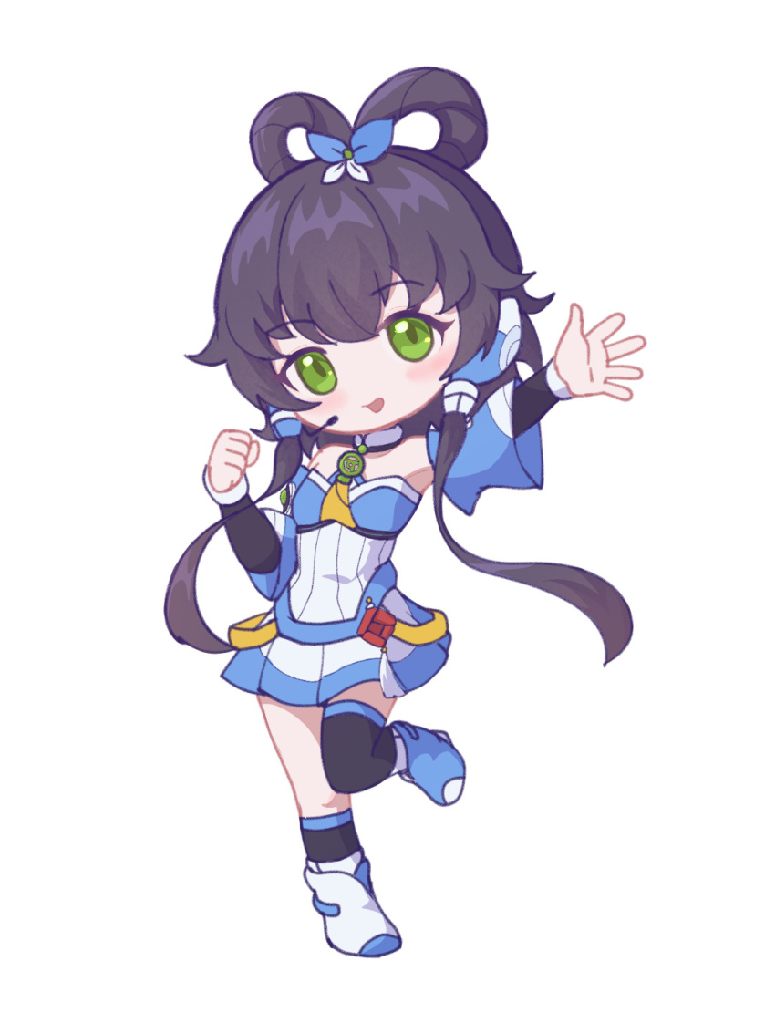 1girl asymmetrical_legwear bare_shoulders black_socks black_thighhighs blue_shoes chibi chinese_commentary detached_sleeves full_body green_eyes grey_hair hair_ornament hair_rings highres long_hair looking_at_viewer luo_tianyi luo_tianyi_v3 open_mouth pleated_skirt pointzhu shoes short_hair_with_long_locks simple_background skirt smile socks solo standing standing_on_one_leg thighhighs twintails uneven_legwear vocaloid vsinger_(vocaloid) white_background white_shoes