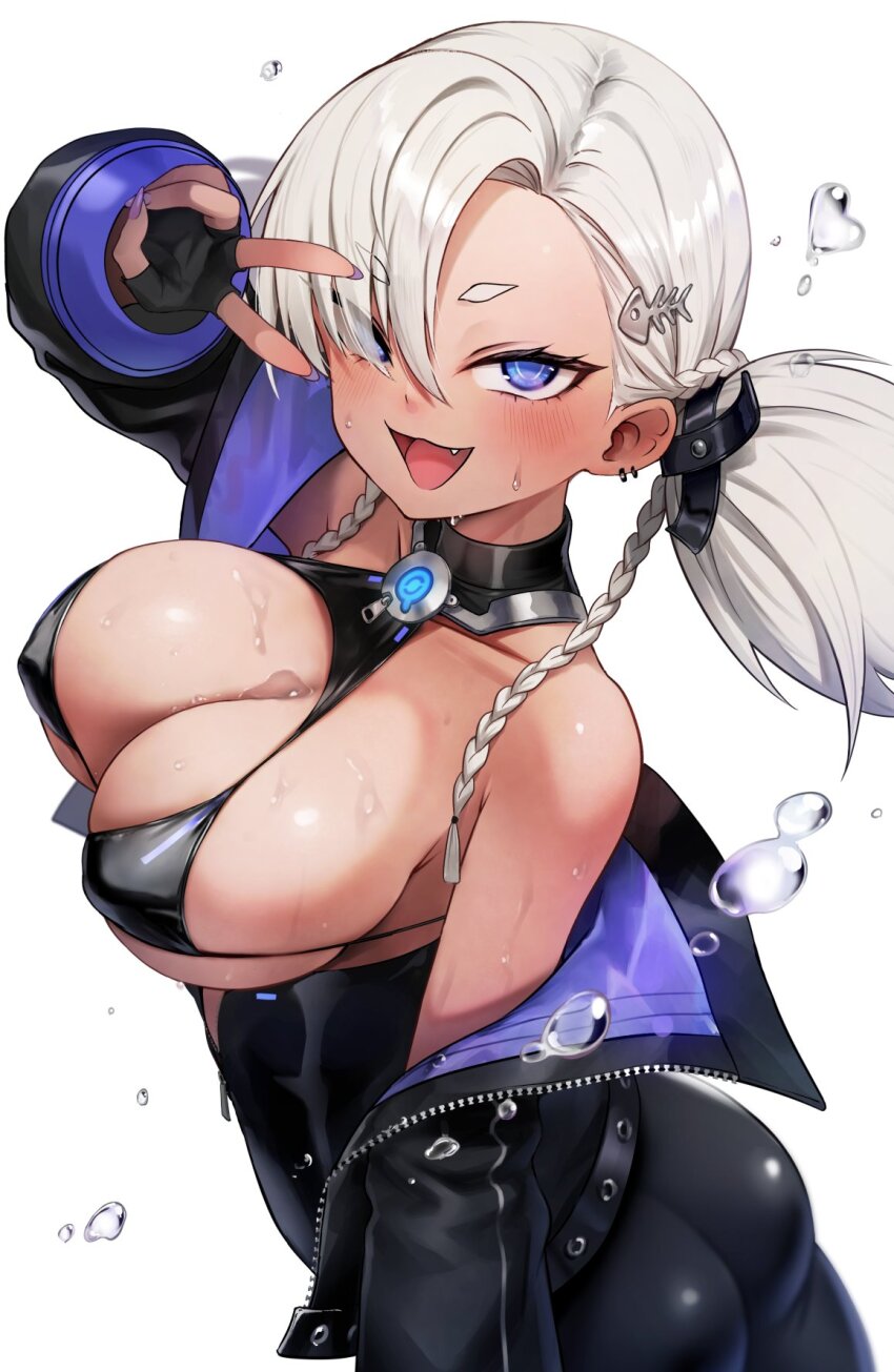 1girl ass azur_lane bikini bikini_top_only black_bikini black_gloves blue_eyes blush braid breasts covered_erect_nipples dark-skinned_female dark_skin diving_suit earrings eyes_visible_through_hair fang fingerless_gloves fish_hair_ornament gloves hair_ornament hair_over_one_eye hand_up herring_(azur_lane) highres jewelry kai_(esugi) large_breasts long_hair looking_at_viewer open_mouth purple_nails simple_background smile solo swimsuit v wet white_background white_hair