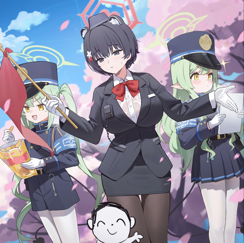 1boy 3girls animal_ear_fluff animal_ears armband banxuan_c2ka black_border black_hair black_pantyhose black_shorts blue_archive blue_armband blurry blurry_background border bow bowtie breasts cherry_tree collared_shirt demon_tail doodle_sensei_(blue_archive) extra_ears flower food garrison_cap gloves green_eyes green_hair hair_flower hair_ornament halo hat highres hikari_(blue_archive) holding holding_food hugging_another&#039;s_leg jacket lapels large_breasts long_hair multiple_girls notched_lapels nozomi_(blue_archive) official_alternate_costume outdoors pantyhose parody peaked_cap pencil_skirt photo-referenced pleated_skirt pointy_ears raccoon_ears red_bow red_bowtie red_flag sensei_(blue_archive) shirt short_hair shorts siblings sidelocks sisters skirt snack suit_jacket sweat tail tour_guide tour_guide_from_the_underworld tsubaki_(blue_archive) tsubaki_(guide)_(blue_archive) twins twintails walkie-talkie white_gloves white_pantyhose white_shirt yellow_eyes yu-gi-oh!