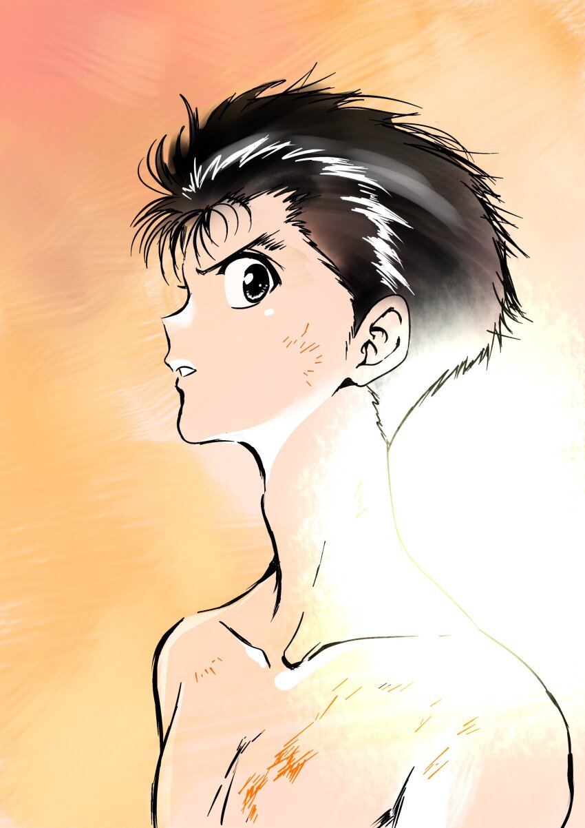 1boy absurdres black_eyes black_hair blood blood_on_chest commentary_request highres kojima_takashi looking_at_viewer male_focus orange_background parted_lips profile short_hair sidelighting simple_background solo topless_male upper_body urameshi_yusuke yuu_yuu_hakusho