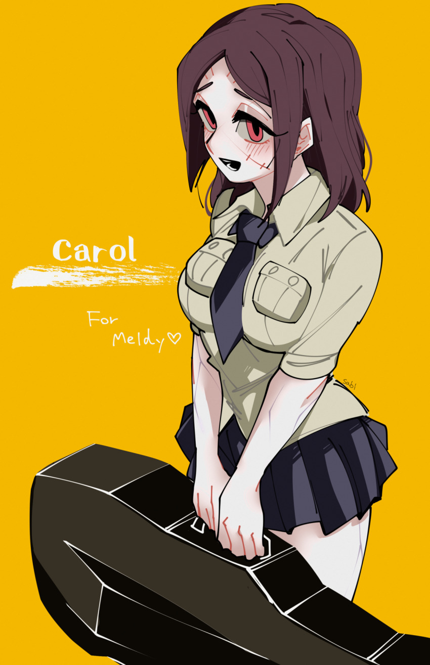 1girl brown_hair carol_(skullgirls) cello_case highres holding instrument_case looking_at_viewer necktie open_mouth painwheel_(skullgirls) red_eyes sabi scar school_uniform short_hair skirt skullgirls smile yellow_background