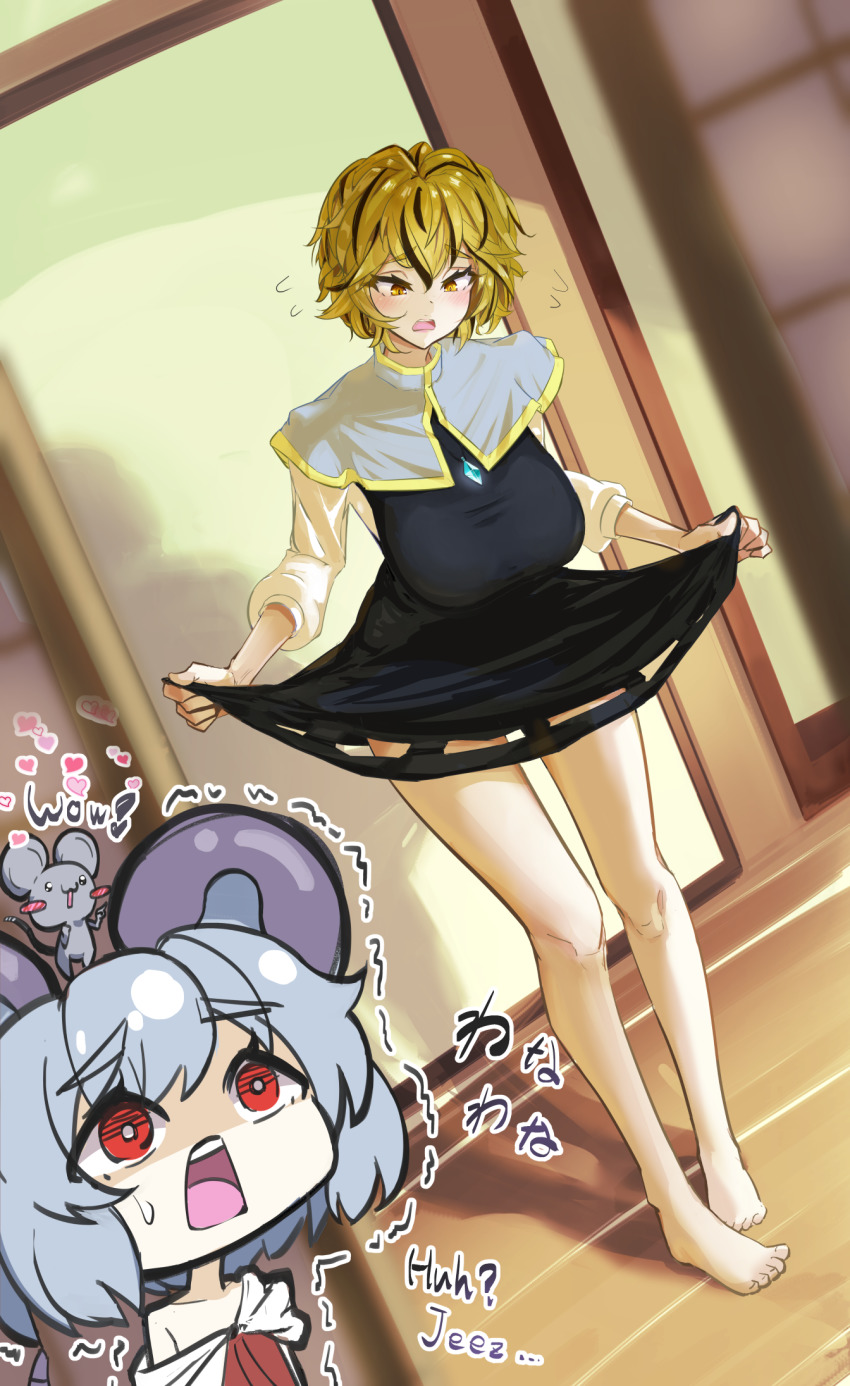 2girls animal_ears barefoot black_dress blonde_hair blush capelet chibi chibi_inset commentary cosplay costume_switch dress dutch_angle english_text flying_sweatdrops grey_hair heart highres jewelry kakedashi mouse_(animal) mouse_ears multiple_girls nazrin nazrin_(cosplay) necklace open_mouth pendant red_eyes short_dress short_hair skirt_hold sweatdrop teeth toramaru_shou toramaru_shou_(cosplay) touhou trembling undersized_clothes upper_teeth_only yellow_eyes