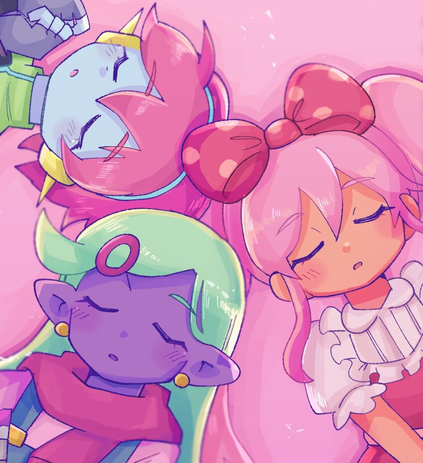 1girl 2boys blue_gloves blue_overalls blue_skin blush bow captain_spaceboy closed_eyes colored_skin dark-skinned_female dark_skin dress earrings fingerless_gloves gloves green_hair hair_bow hair_ornament hairclip highres jewelry long_hair long_sleeves multiple_boys omori open_mouth overalls pink_bow pink_dress pink_hair pink_sweater pointy_ears polka_dot polka_dot_bow puffy_short_sleeves puffy_sleeves purple_skin red_scarf rococo_(omori) scarf short_hair short_sleeves sweater sweetheart_(omori) swept_bangs twintails yamegane