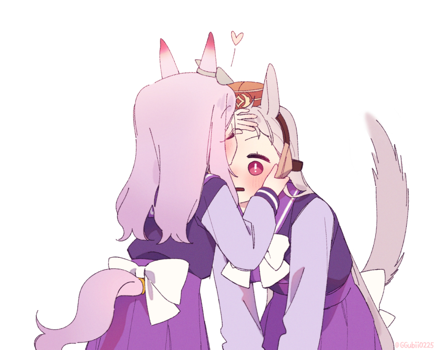 2girls animal_ears breasts ggubii0225 gold_ship_(umamusume) grey_hair highres horse_ears horse_girl horse_tail kiss kissing_forehead large_breasts long_hair long_sleeves mejiro_mcqueen_(umamusume) multiple_girls pink_eyes purple_eyes purple_hair school_uniform simple_background tail tracen_school_uniform umamusume white_background yuri