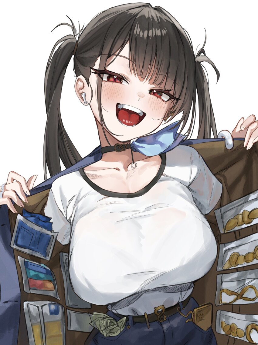 1girl absurdres banknote black_choker black_hair blush breasts choker commentary goddess_of_victory:_nikke highres jacket jewelry large_breasts long_hair looking_at_viewer money open_clothes open_jacket open_mouth red_eyes ring rosu_1109 shirt shirt_tucked_in simple_background single_earphone solo sora_(nikke) twintails upper_body white_background white_shirt