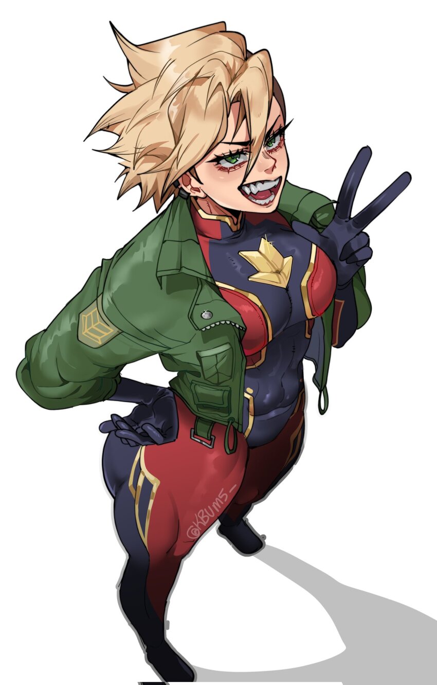 1girl alternate_costume animification blonde_hair blue_bodysuit bodysuit captain_marvel carol_danvers earrings from_above green_eyes green_jacket hand_on_own_hip highres jacket jewelry kbuuumm5 marvel open_clothes open_jacket short_hair solo superhero_costume two-tone_bodysuit v white_background