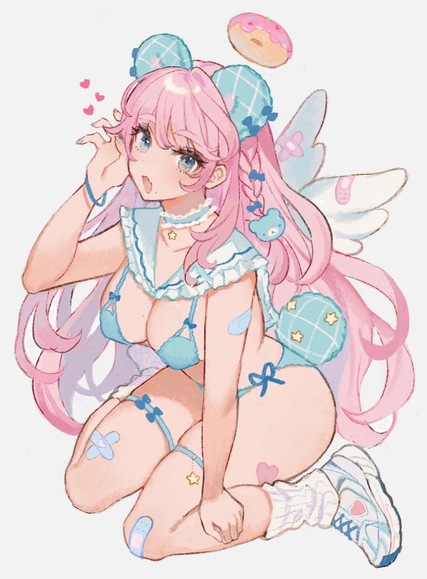 1girl angel_wings animal_ears aqua_bra aqua_choker aqua_eyes aqua_headwear aqua_nails aqua_panties bandaid bandaid_on_arm bandaid_on_knee bandaid_on_leg bandaid_on_wing bear_ears bear_hair_ornament bear_tail blue_bow bow bow_bra bra bracelet breasts choker claw_pose cleavage collarbone commentary crossed_bandaids curly_hair donut dot_nose english_commentary eyelashes fang fingernails food frilled_sailor_collar frills grey_background hair_between_eyes hair_bow hair_ornament halo heart highres jewelry large_breasts leg_warmers legs lingerie long_hair looking_at_viewer miyako_(xxxbibit) mole mole_on_breast mole_under_mouth nail_polish necklace open_mouth original panties pink_donut pink_hair plaid_clothes plaid_headwear ribbed_socks sailor_collar shoes side-tie_panties simple_background sitting skin_fang smile sneakers socks solo star_(symbol) star_necklace star_ornament tail teddy_bear_hair_ornament thigh_strap thighs underwear wariza white_sailor_collar white_shoes white_socks white_wings wings