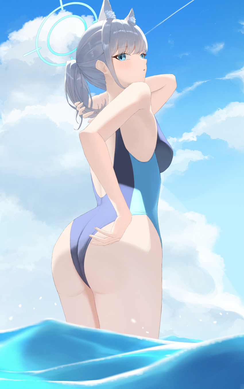 1girl animal_ear_fluff animal_ears ass azashiro_kp black_one-piece_swimsuit blue_archive blue_eyes blue_sky breasts cloud competition_swimsuit cross_hair_ornament day extra_ears grey_hair hair_ornament halo highres looking_to_the_side low_ponytail medium_breasts medium_hair mismatched_pupils multicolored_swimsuit official_alternate_costume one-piece_swimsuit outdoors ponytail shiroko_(blue_archive) shiroko_(swimsuit)_(blue_archive) sky solo swimsuit wading water wolf_ears