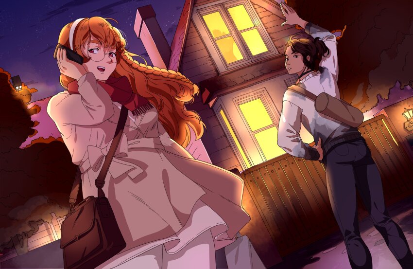 2girls :d absurdres arm_up autumn bag bow braid brown_eyes building chimney dress dutch_angle fence full_body ganemclain glasses grin hair_flowing_over headband highres holding holding_bag holding_phone jacket looking_at_another looking_at_phone multiple_girls night open_mouth orange_hair orange_tree our_life:_now_and_forever out_of_frame phone qiu_lin_(our_life) shoulder_bag side_braid sky smile star_(sky) starry_sky sweater talking_on_phone tamarack_baumann teeth upper_teeth_only waistband wall_lamp waving white_dress white_sweater window_light