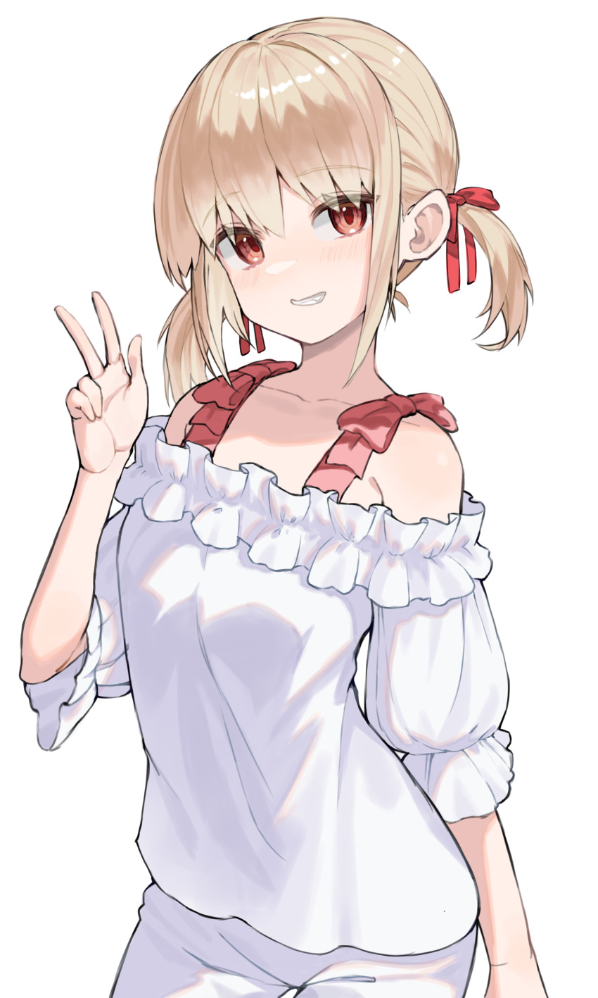 absurdres bare_shoulders blonde_hair bow clenched_teeth collarbone contrapposto cowboy_shot frilled_shirt frills grin hair_bow hand_up head_tilt highres looking_at_viewer lycoris_recoil nishikigi_chisato off-shoulder_shirt off_shoulder puffy_sleeves red_bow red_eyes scarlet23i0 shirt short_sleeves short_twintails simple_background smile teeth twintails v white_background white_shirt