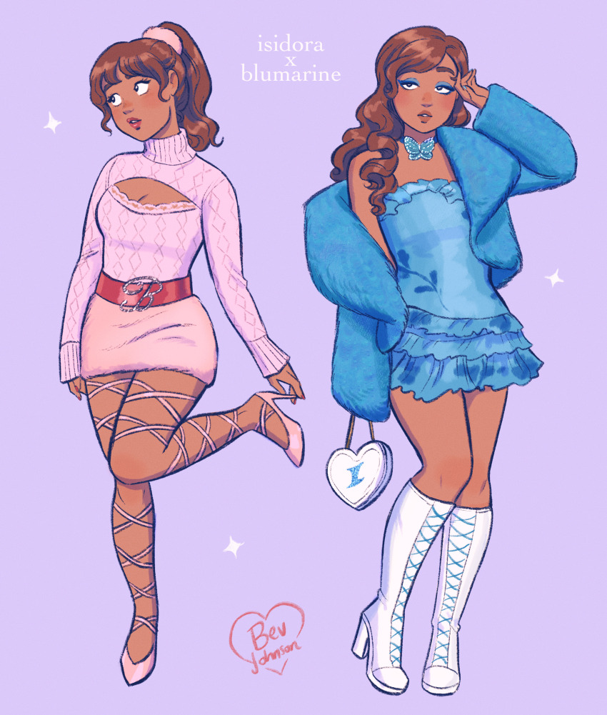 absurdres artist_name bag bev_johnson blue_coat blue_dress blue_jacket blue_nails blumarine boots breasts brown_hair butterfly_bow character_name cleavage cleavage_cutout clothing_cutout coat dark-skinned_female dark_skin dress eyeshadow hair_ornament hair_scrunchie handbag heartstrings_(spiceparfait) high_heels highres isidora_velasca jacket knee_boots long_hair makeup original ponytail purple_background scrunchie standing standing_on_one_leg white_boots