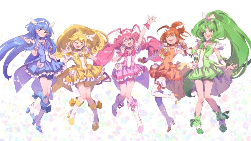 5girls aoki_reika arm_up big_hair blonde_hair blue_bow blue_bowtie blue_eyes blue_hair blue_shirt blue_shorts blue_skirt blue_wrist_cuffs blunt_bangs boots bow bowtie brooch circlet clenched_hand closed_mouth coattails commentary cure_beauty cure_happy cure_march cure_peace cure_sunny curly_hair dot_nose double_v earrings eyelashes feather_sleeves floating_hair footwear_bow footwear_ribbon frilled_skirt frills full_body green_bow green_bowtie green_eyes green_hair green_leg_warmers green_ribbon green_shirt green_shorts green_skirt green_wrist_cuffs hair_between_eyes hair_bun hair_ornament hair_tubes hand_up happy high_heel_boots high_heels high_ponytail hino_akane_(smile_precure!) hoshizora_miyuki jewelry kise_yayoi knee_boots leg_up leg_warmers light_blush long_hair long_sidelocks low_twintails magical_girl midorikawa_nao miniskirt multiple_girls one_eye_closed open_mouth orange_bow orange_bowtie orange_eyes orange_hair orange_ribbon orange_shirt orange_shorts orange_skirt orange_wrist_cuffs parted_bangs pink_bow pink_bowtie pink_eyes pink_hair pink_ribbon pink_shirt pink_shorts pink_skirt pink_wrist_cuffs pleated_skirt ponytail precure ribbon serizawa_serizane shirt short_hair short_sleeves shorts shorts_under_skirt sidelocks signature single_hair_bun skirt skirt_set smile smile_precure! standing swept_bangs tareme teeth thigh_boots tiara twintails upper_teeth_only v very_long_hair white_background white_boots white_sleeves wing_earrings wing_hair_ornament wrist_cuffs yellow_bow yellow_bowtie yellow_eyes yellow_shirt yellow_shorts yellow_skirt yellow_wrist_cuffs
