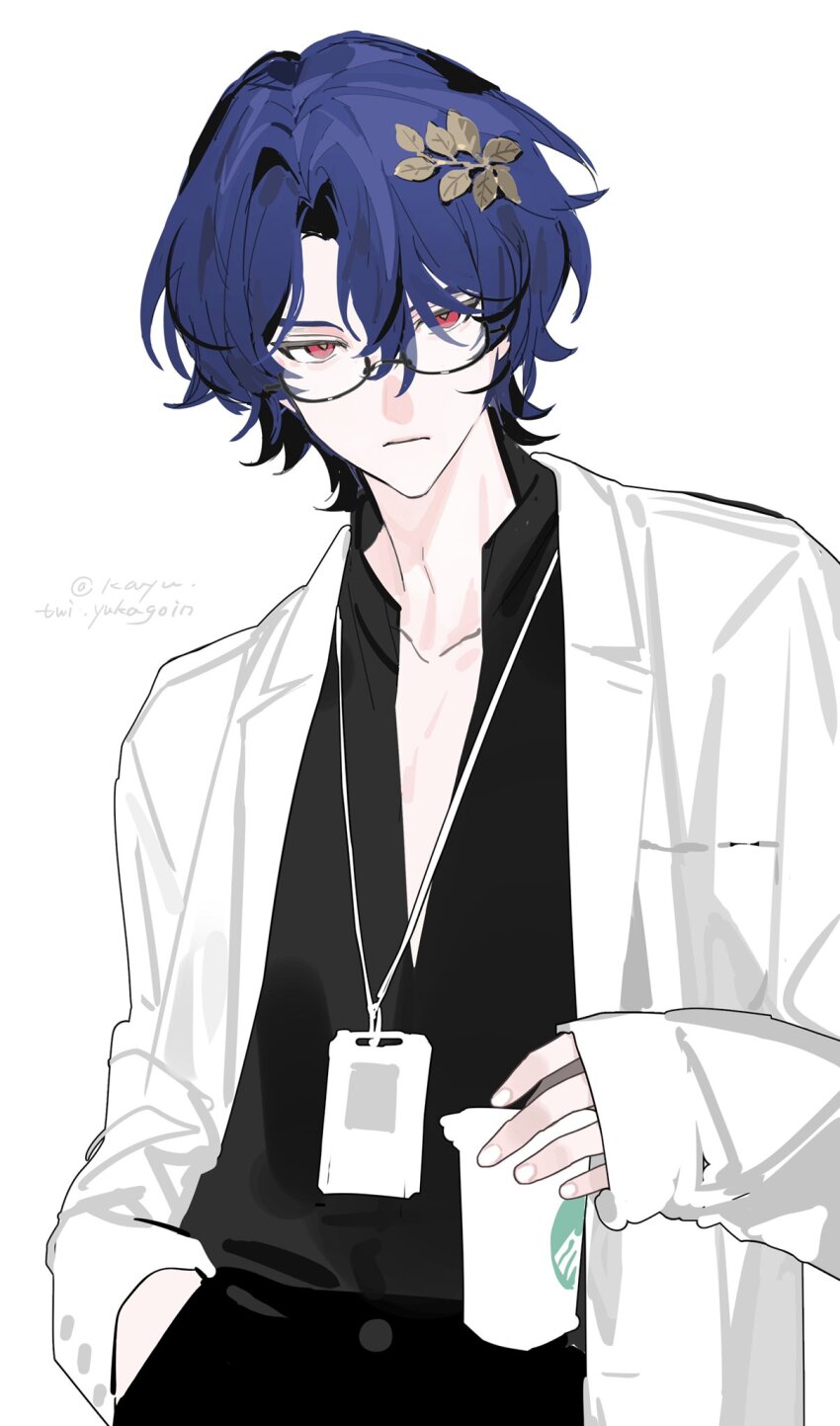 1boy black_shirt blue_hair closed_mouth coat dr._ratio_(honkai:_star_rail) glasses hair_between_eyes hair_ornament highres honkai:_star_rail honkai_(series) kayu_(yukagoin) long_sleeves looking_at_viewer male_focus red_eyes shirt short_hair simple_background solo white_background white_coat