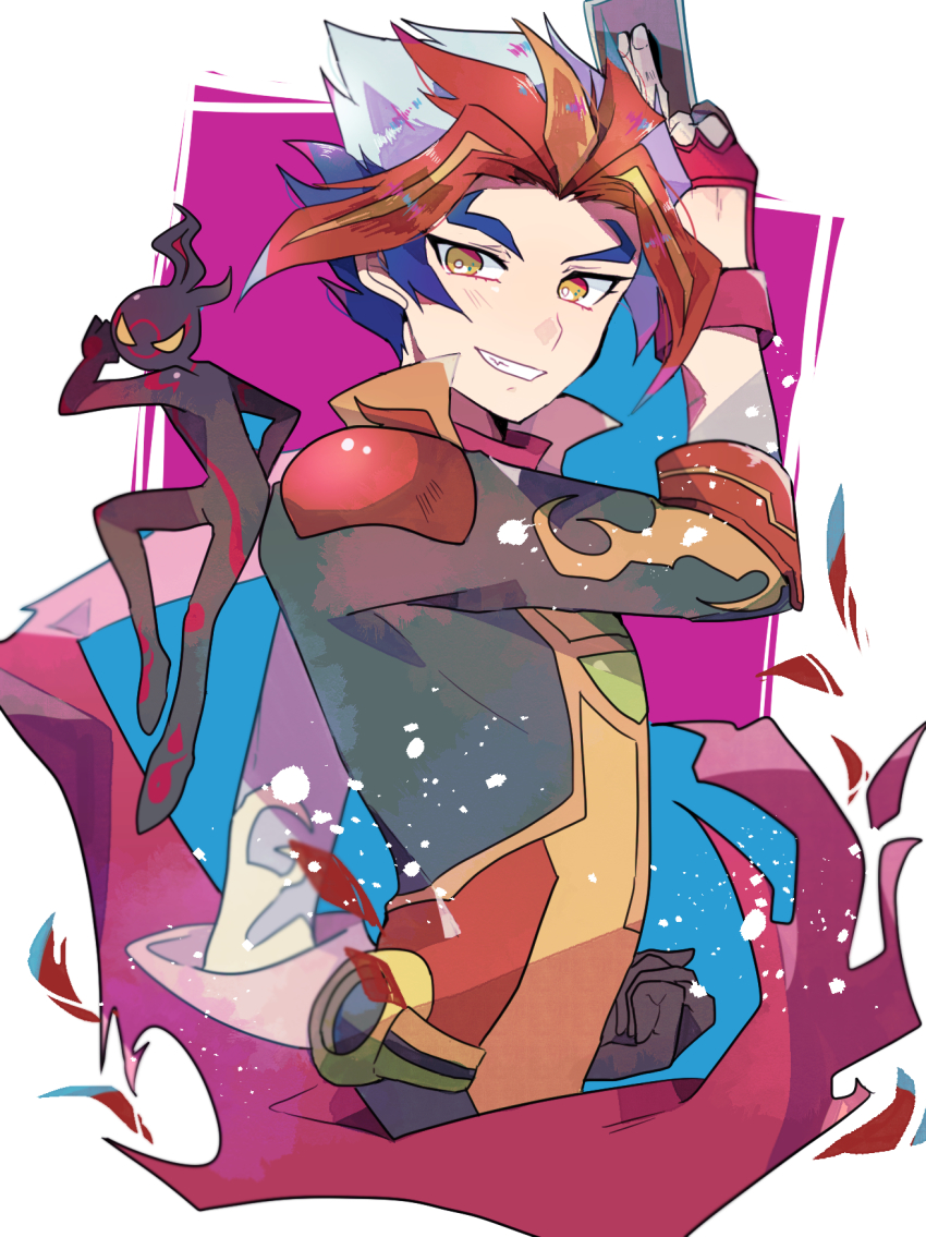 1boy black_skin card clenched_hand colored_skin fingerless_gloves flame_(yu-gi-oh!_vrains) gloves gradient_eyes grin highres holding holding_card homura_takeru multicolored_eyes multicolored_hair no_pupils scarf smile soulburner teketeke_(tasutekete) upper_body yu-gi-oh! yu-gi-oh!_vrains