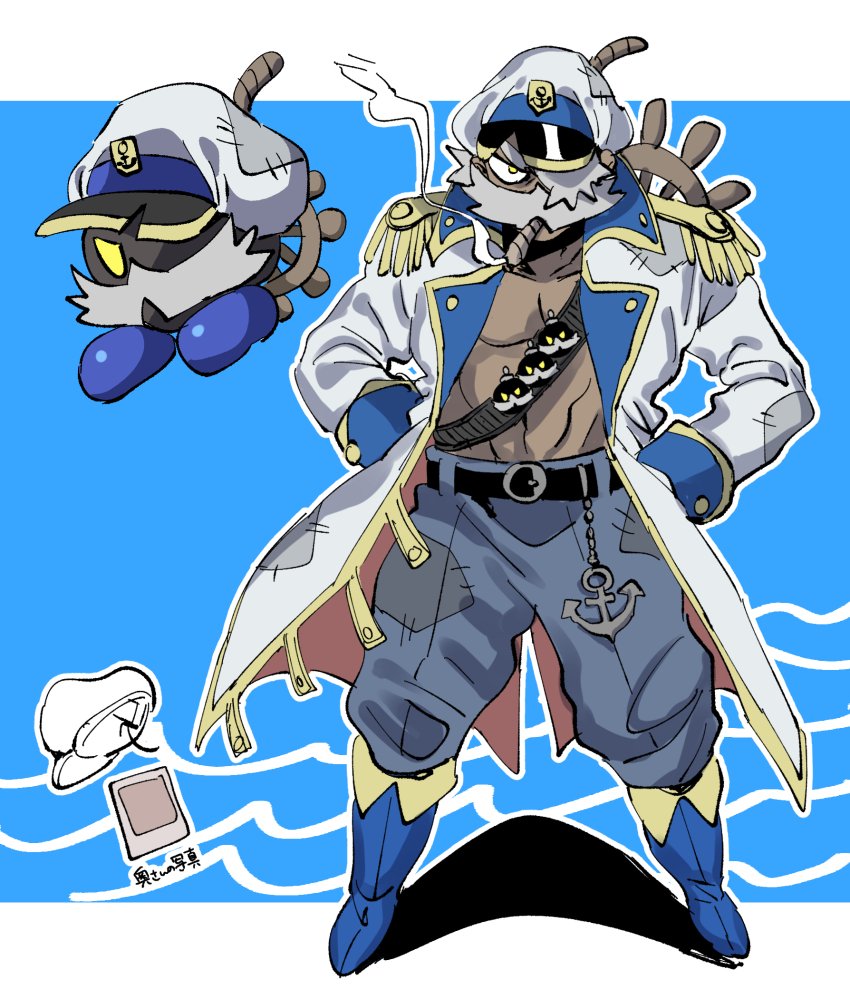 1boy admiral_bobbery anchor_ornament bandolier beard belt black_belt blue_background blue_footwear blue_pants boots border cigar coat commentary dark-skinned_male dark_skin epaulettes facial_hair full_body fuse grey_hair hair_over_one_eye hands_in_pockets hat highres humanization letterboxed long_sleeves male_focus mario_(series) mature_male multiple_views nintendo open_clothes open_coat outline outside_border pants paper_mario paper_mario:_the_thousand_year_door patchwork_clothes photo_(object) polaroid_photo sanso_(kasyawamoti) ship&#039;s_wheel short_hair simple_background smoke smoking standing toned toned_male topless_male translation_request v-shaped_eyebrows white_border white_coat white_hat white_outline yellow_eyes