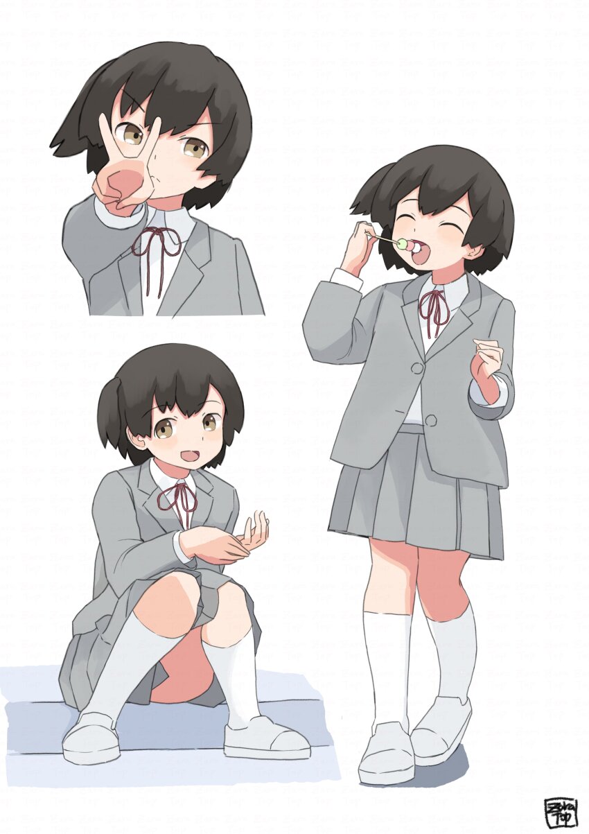 1girl absurdres alternate_costume black_hair blazer brown_eyes commentary_request eating full_body grey_jacket grey_skirt highres hiryuu_(kancolle) jacket kantai_collection multiple_views neck_ribbon one_side_up red_ribbon ribbon school_uniform short_hair sitting skirt socks standing toplow upper_body white_socks