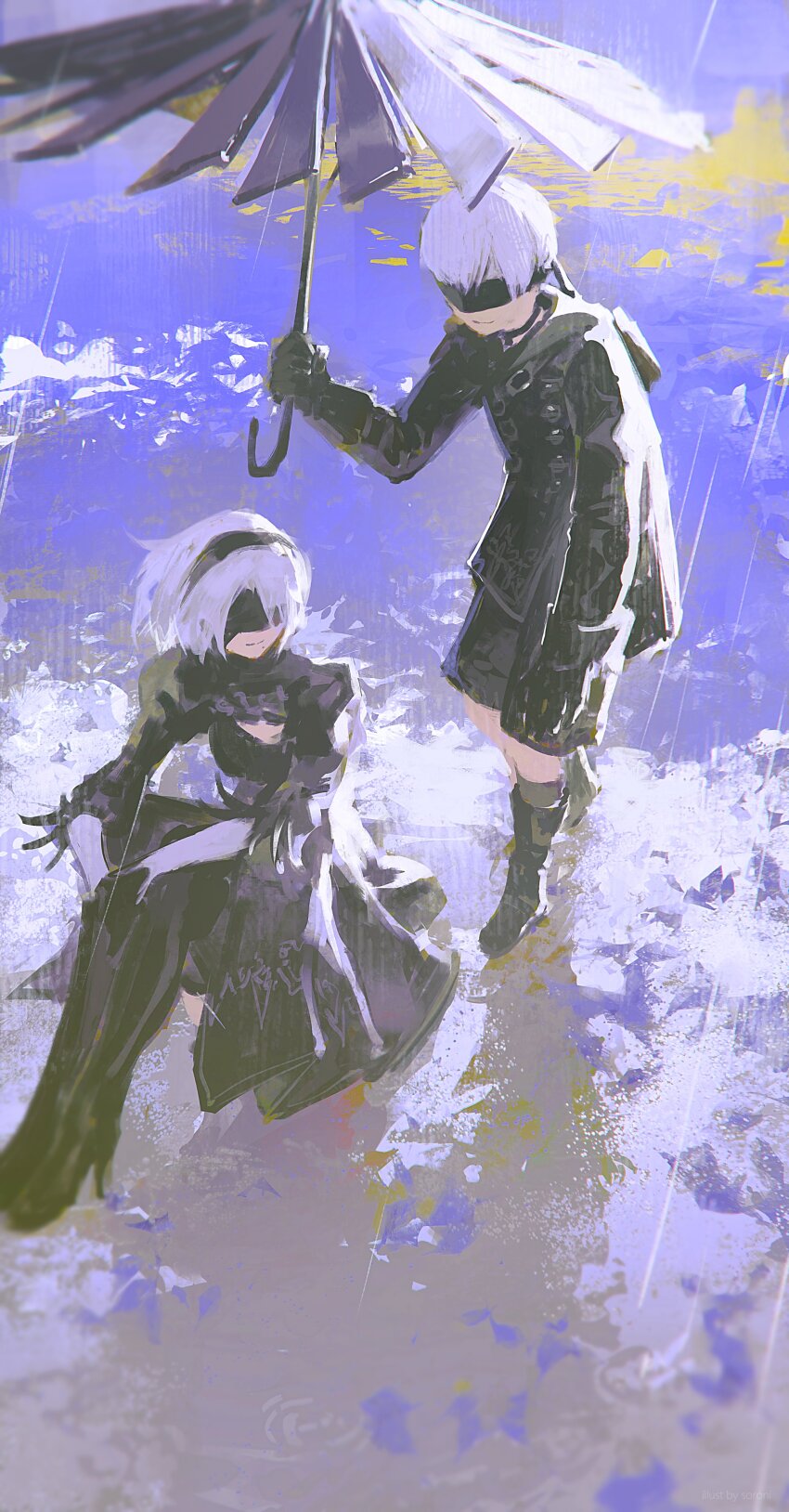 1boy 1girl 2b_(nier:automata) 9s_(nier:automata) absurdres black_boots black_dress black_gloves black_hairband black_thighhighs blindfold boots choker clothing_cutout covered_eyes dress gloves hairband highres holding holding_umbrella juliet_sleeves long_sleeves nier:automata nier_(series) puffy_sleeves rain short_hair shorts smile sorrowny thighhighs umbrella water white_hair