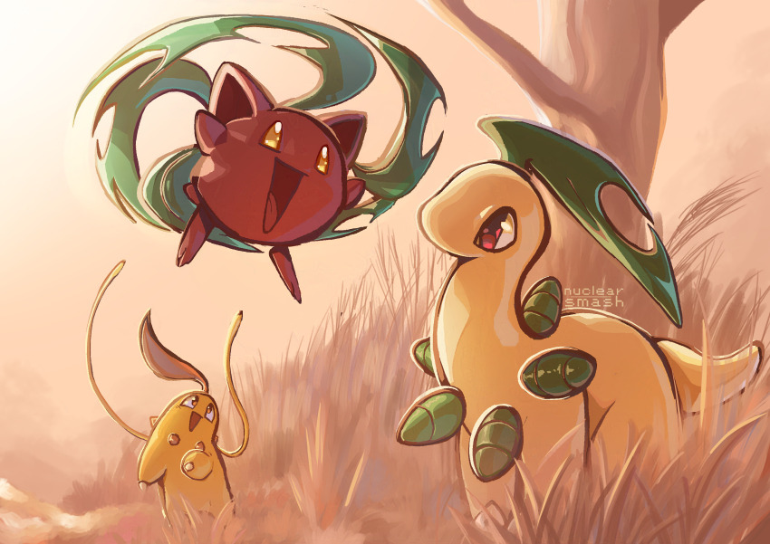 absurdres alternate_color artist_name bayleef chikorita commentary english_commentary floating gen_2_pokemon grass happy highres hoppip nintendo no_humans nuclear-smash open_mouth pokemon pokemon_(creature) red_eyes shiny_pokemon smile tree yellow_eyes
