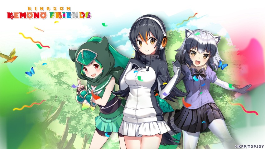 3girls animal_ears black_hair bow bowtie bug butterfly chameleon_girl chameleon_tail common_raccoon_(kemono_friends) copyright_name elbow_gloves extra_ears fingerless_gloves gentoo_penguin_(kemono_friends) gloves green_hair grey_hair highres hood hoodie insect kemono_friends kemono_friends_kingdom leggings long_hair looking_at_viewer multiple_girls nature ninja official_art outdoors panther_chameleon_(kemono_friends) pantyhose penguin_girl penguin_tail raccoon_ears raccoon_girl raccoon_tail red_eyes sailor_collar shirt short_hair skirt sleeveless sleeveless_shirt tail