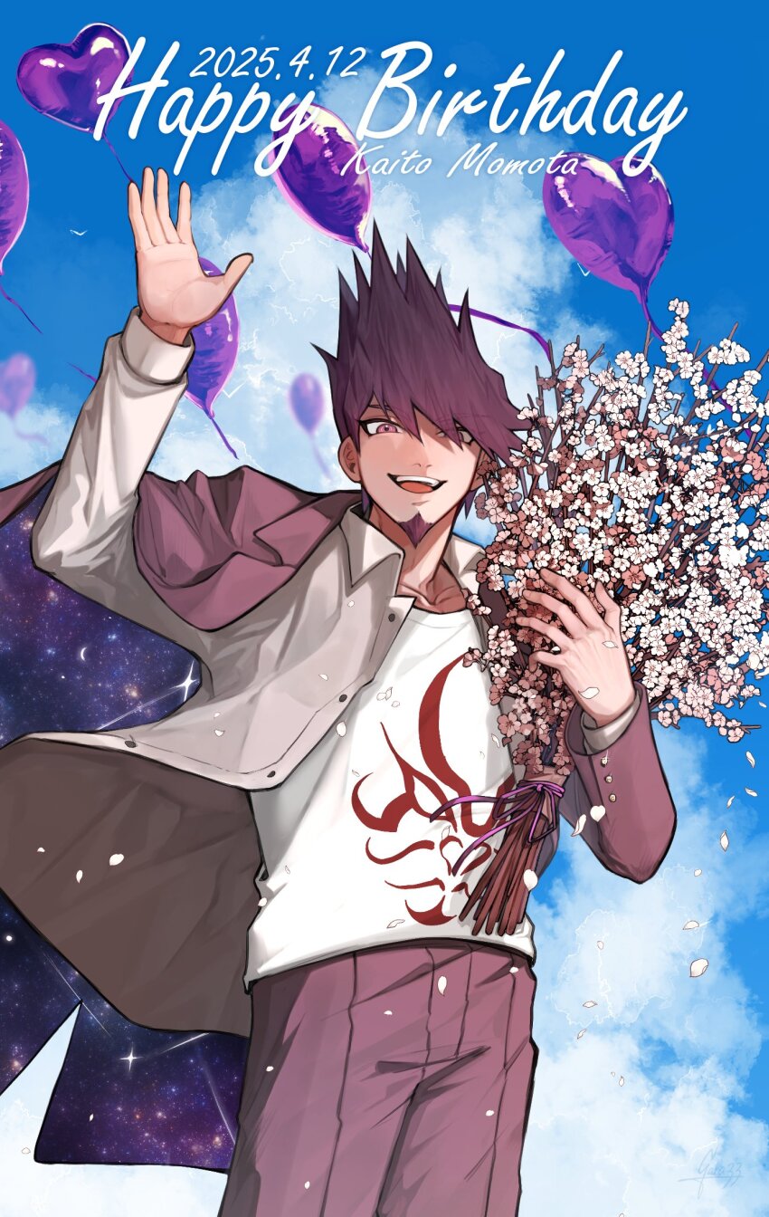 1boy arm_up blue_sky bouquet character_name cherry_blossoms commentary danganronpa_(series) danganronpa_v3:_killing_harmony dated facial_hair falling_petals flower gaba33 goatee hair_between_eyes happy happy_birthday highres holding holding_bouquet jacket jacket_partially_removed long_sleeves looking_at_viewer male_focus momota_kaito open_clothes open_mouth pants petals print_shirt purple_eyes purple_facial_hair purple_hair shirt short_hair sky smile solo space_print spiked_hair starry_sky_print teeth waving white_shirt
