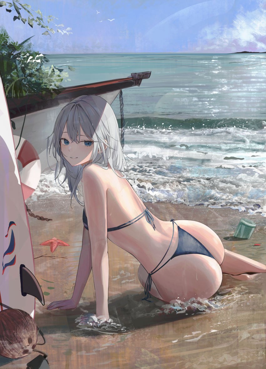 1girl absurdres arm_support ass beach bikini blue_bikini blue_eyes bottle coconut commentary full_body grey_hair grin highres innertube jenmin12 looking_at_viewer medium_hair ocean original outdoors parted_lips planted side-tie_bikini_bottom sitting smile solo starfish surfboard swim_ring swimsuit yokozuwari