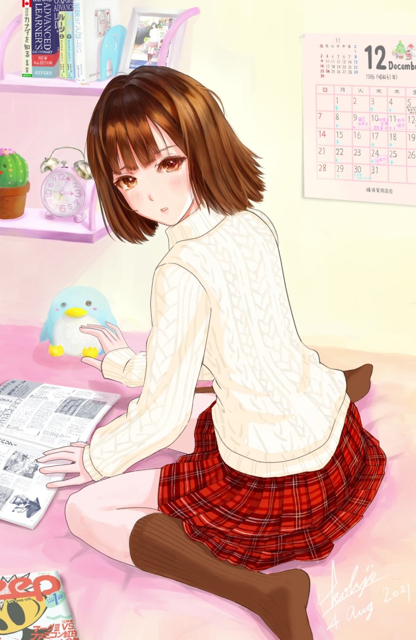 alarm_clock bed bed_sheet bedroom blush brown_eyes brown_hair brown_socks cactus calendar_(object) clock harasaki_nozomi highres kohji looking_at_viewer looking_back medium_hair on_bed parted_lips patterned_clothing plaid_clothes plaid_skirt reading sega shenmue shenmue_i signature sitting skirt socks studying stuffed_toy sweater turtleneck white_sweater